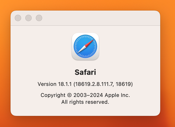 Screenshot of the about page for Safari, showing that it is Version 18.1.1