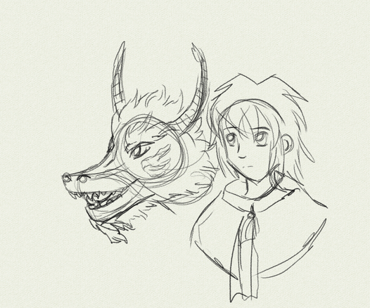 Manga style, pencil sketch of a dragon face and a young man with fuzzy long hair. The dragon is an asian-style dragon, with fluffy mane, 2 hors, a long snout. The human in wearing a cape. Both are facing to the left.