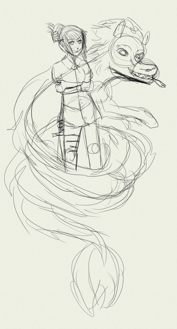 A human youth,  standing with arms folded. She wears jeans and a shirt, her hair is pinned up. She has a long knife attached to her leg by straps, ready to be drawn in fights. A long, snake-like dragon figure curls around her. The Dragon is young and has a cute face, with large eyes and fuffy mane.
