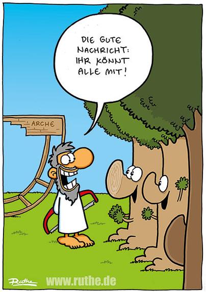 Noah steht vor der halbfertigen Arche, hinter seinem Rücken verbirgt er eine Säge. Er spricht zu einer Gruppe Bäume, die sich freut und sagt zu ihnen: "Die gute Nachricht: ihr könnt alle mit!".