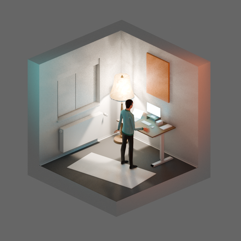 Isometric 3D rendered cubic room. Person is standing in front of a desk with pc and screen.
