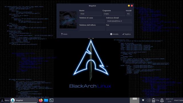 Desktop di BlackArch Linux con profilo utente