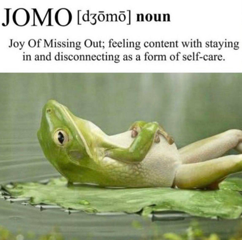 JOMO [dzõmö] noun
Joy Of Missing Out; feeling content with staying in and disconnecting as a form of self-care.