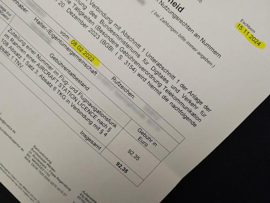 Gebührenbescheid vom 15.11.2024 für "Aircraft Aviation Licence" vom 08.02.2022