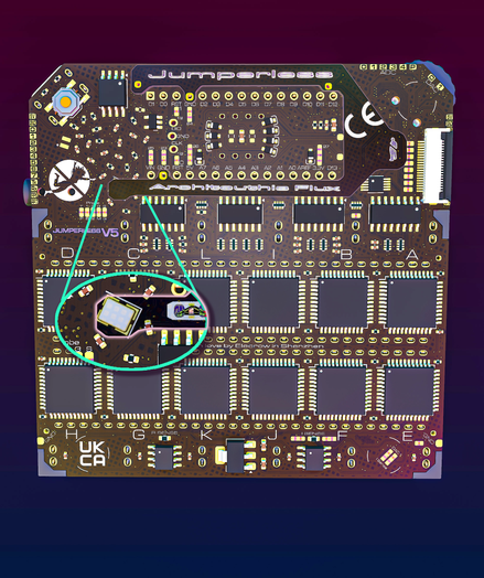 Jumperless V5 render with LED board showing added tongue covering the crystal