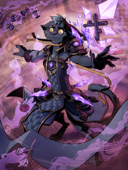 Digital art of a black cat furry having a robed outfit chaotically tailored directly onto him by purple ghost hands, standing in an awkward T-pose with a tight-lipped disgruntled expression. Thread spools and sheets of fabric float in the magical tornado around him, while the hands hold up measuring tapes, pincushions, and snip the fabric to shape.