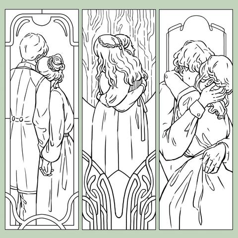 lineart illustration of couples hugging and kissing in an art nouveau style