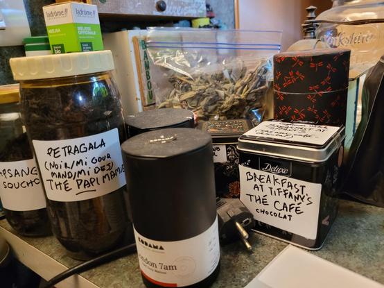 Big tea boxes with labels