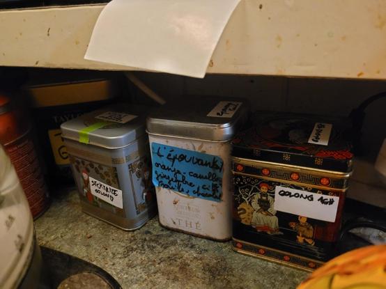 Big tea boxes with labels