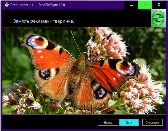 Вікно встановлювача програми FreeFileSync, у якому пише "Замість реклами - тваринка.", а нище зображення метелика.