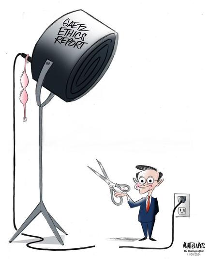 Editorial cartoon depicting Speaker of the House Mike Johnson cutting the power cord to a spotlight labeled, "Gatz ethics report." A small pink bra is hanging off the back of the spotlight.

Credit: Ann Telnaes