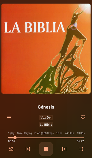 Captura de reproductor de música que muestra la portada del álbum "La Biblia" de Vox Dei y la canción "Génesis" en reproducción.
