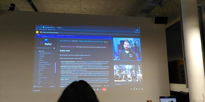 Foto of a Google Meet call with Benjamin Cabé who is giving an update on the most interesting Zephyr 4.0 changes.