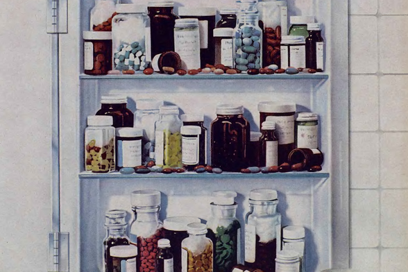 1978 A Cabinet of Supplements

The image depicts a cabinet filled with various jars and bottles, each containing what appears to be supplements or vitamins. The jar labels are not clearly readable but seem to indicate different types of nutritional products.