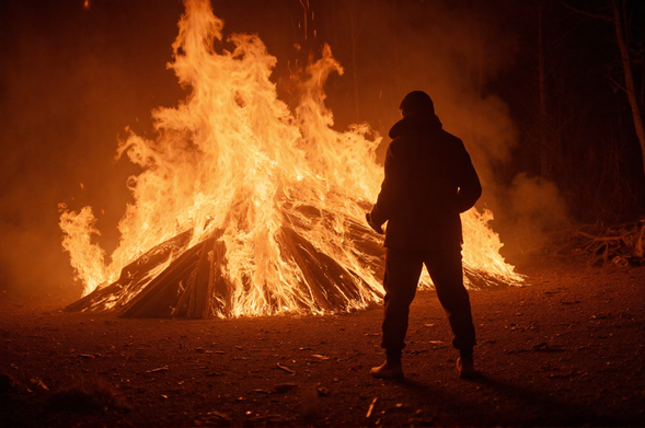 Man in fron of huge bonfire.