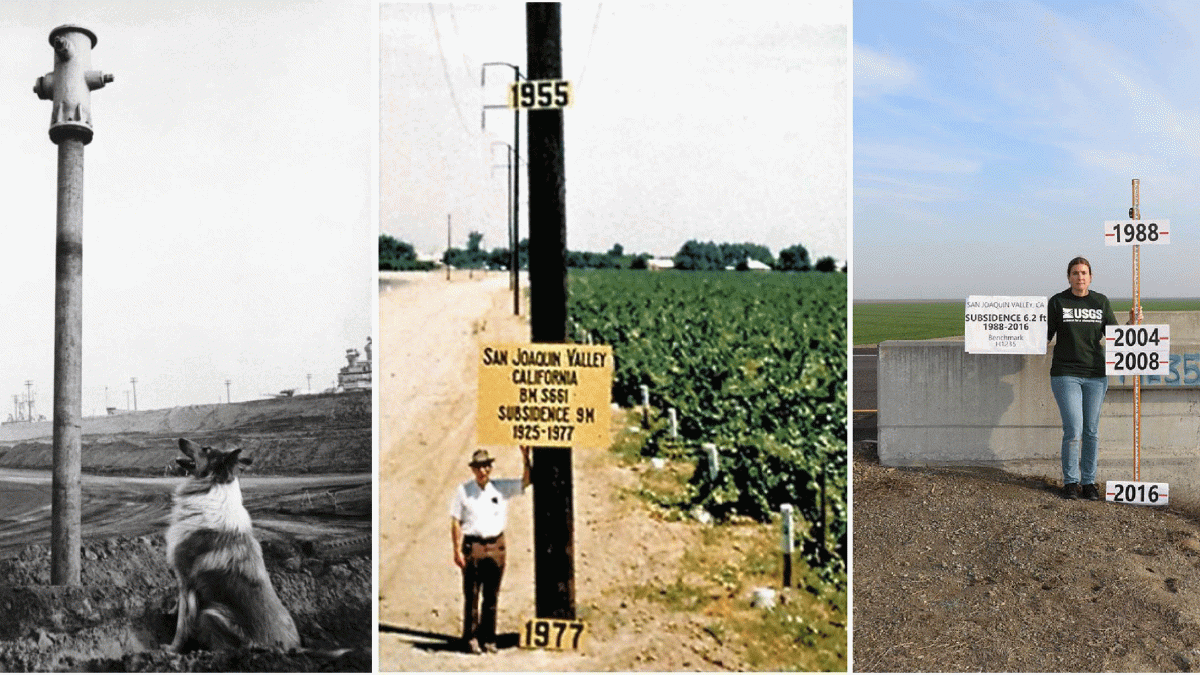 photos - showing metrics for subsidence related to groundwater extraction at different times, San Joaquin Valley and related, CA