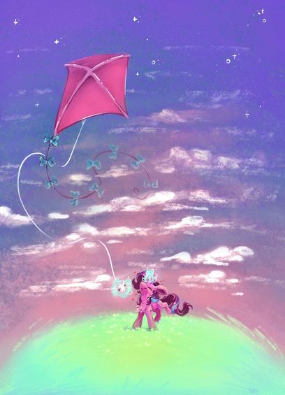 starlight flying a magenta kite against a purple-y sky and fuzzy background