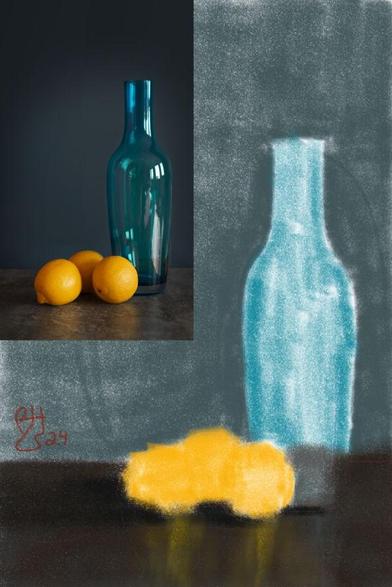 A very early stage of a digital artwork imitating colored pencils, with the reference image in the upper left quadrant. The image is a still life of three lemons and a blue glass vase on a wooden surface in front of a dark teal wall. The artwork is kinda blobby and blotchy with uneven coverage, the colors are flat, and things don't really have a shape to them yet.