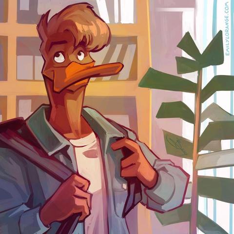 a digital painting of an anthropomorphic duck. he is painted from about the elbows up, and appears to be standing in a sunlit library, with a large row of windows letting in light from the right side. his fingers are looped through the straps of a backpack, and he is standing in front of a bookshelf. he appears to be rolling his eyes, smiling.