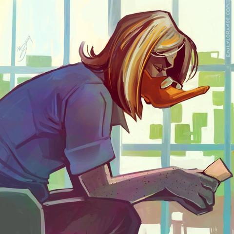 a digital painting of an anthropomorphic duck. she is shown in profile, sitting in a chair, backlit by a window. she is wearing a blue shirt with cuffs rolled up past the elbows, and her hair is streaked with blond, brown, and gery. she is hunched forward and glaring at something in her hands, that may be a piece of paper.