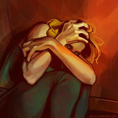 a digital painting of an anthropomorphic duck. she is in a sort of fetal position, curled up into a corner, her hands and arms covering her face. the colors of the image are gloomy, orangy, and unnatural, suggesting a horrific vibe. her eyes are strange green pinpricks in a dark face, one hand grasps at her hair.