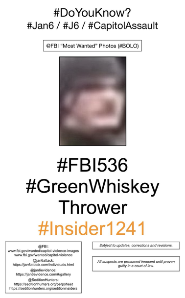 Photo of January 6th riot suspect known to Sedition Hunters as “Green Whiskey Thrower” (FBI Photo Number Five Hundred Thirty-Six). Subject to updates, corrections, and revisions. All suspects are presumed innocent until proven guilty in a court of law.