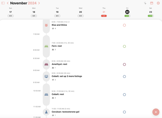 An aesthetic-looking electronic planner view open to Friday November 22, with rest activities interspersed with other activities:

6-7am Rise and Shine (lightning symbol: 4)
7-8:30am Fern: rest (lotus symbol: 3)
8:30am-9am Amethyst: rest (lotus symbol: 1)
9-9:30am Cobalt: set up 2 more listings (lightning symbol: 2)
9:30-11am Cobalt: rest (lotus symbol: 3)
11-11:05am Cerulean: testosterone gel (lightning symbol: 1)

At the top, there's a little bar that shows that this plan never goes above our limit of 5 energy at any given point. We always recharge before doing something else.
