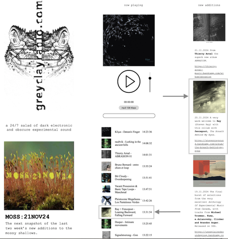 A screenshot of the Grey Clay Radio website. In the middle is a vertical list of the most-recently played tracks. Several down from the top is one of mine. In the right column, second from the top is a message welcoming me and displaying my most-recent album. In the top left is a picture of a toad, Grey Clay's mascot.