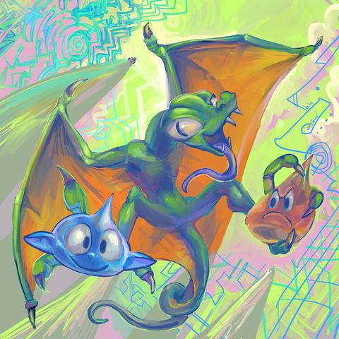 silly looking winged beast with long tongue and longer tail grasps two shiny translucent lumps with faces in either leg-hand, a blue one with ears and a big smile, and a red one with no ears that seems to be frowning at the blue one