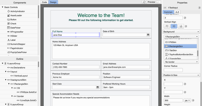 Drag-and-drop GUI for building forms with Feathers UI. Components and Outline view on the left, Code and Design tabs in the center (with Design selected, and a form being created and Properties view on the right with a background skin drop down active.