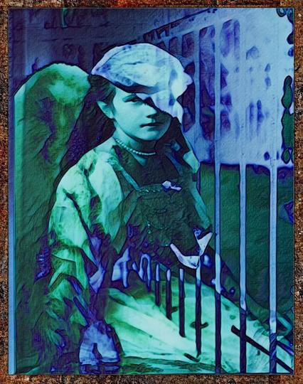 A multiple exposure blending two photos together, colours are a deep blue and dark green. Has the quality of an old photo print.  A young woman sits looking towards the camera, her face partially obscured, her body blends with the bars of a cage, a ghostly outline of a bear is blended with her.