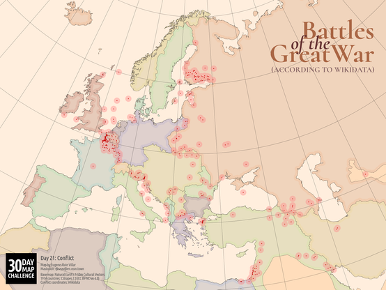 Map of Europe titled “Battles of the Great War (According to Wikidata)” showing the national borders as of 1914 and with red dots pinpointing the location of the said battles