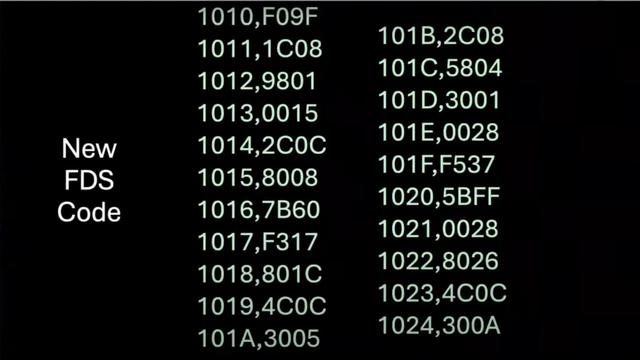 #Voyager 1 New FDS ( Flight Data Subsystem ) Code ( 11/2024 patch )
1010,F09F
1011,1C08
1012,9801
1013,0015
1014,2C0C
1015,8008
1016,7B60
1017,F317
1018,801C
1019,4C0C
101A,3005
101B,2C08
101C,5804
101D,3001
101E,0028
101F,F537
1020,5BFF
1021,0028
1022,8026
1023,4C0C
1024,300A
[Voyager 1 New FDS / Flight Data Subsystem Code 11/2024 patch ] 
https://arq.pl/dl/voyager1_FDS_Flight_Data_Subsystem_11-2024_patch_opcodes.txt