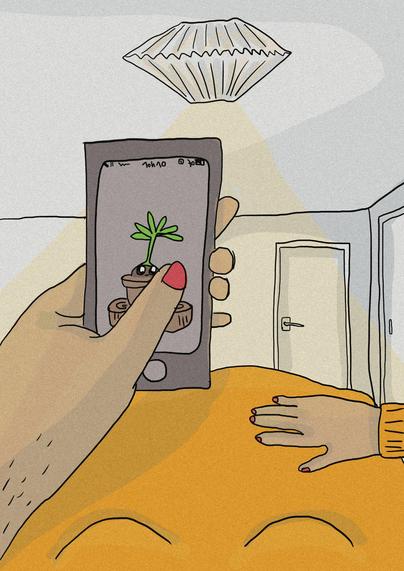Dessin en pov d'une personne qui regarde sur son téléphone une application pour aider à boire de l'eau.
On voit qu'elle a un gros ventre.