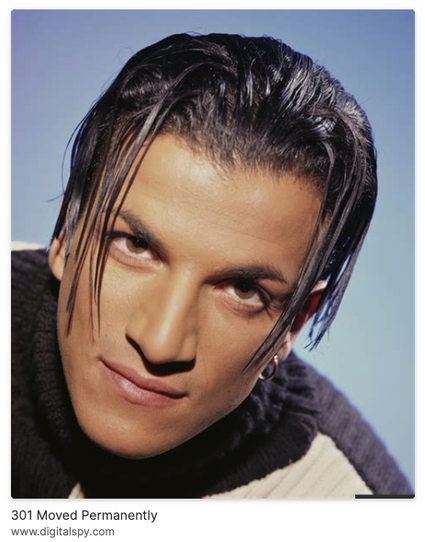 A screenshot from a search results page on a search engine. Its cropped to show just an image of a slick looking Peter Andre from the 90s, with his super gelled hair style and youthful good looks. The photo title from the website digitalspy.com reads "301 Moved Permanently" - and Matt is joking that it's describing an emotion and not a server error.