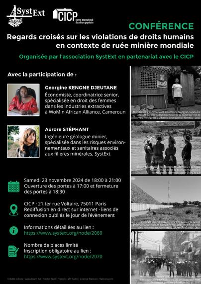 Affiche sur fond noir qui reprend les informations pratiques de la conférence avec une photo des participantes, Georgine KENGNE DJEUTANE et Aurore STÉPHANT