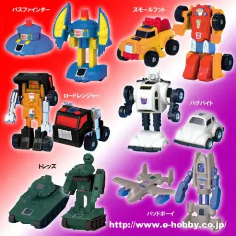 A Japanese stock promotional photo of the eHobby Gobot set. Six existing Transformer minibot moids recoloured into Gobot characters: top: Pathfinder and Littlefoot from Cosmos and Gears. middle: RoadRanger and Bug Bite from Huffer and Bumblebee. Bottom: Treds and BadBoy from Warpath and Powerglide. These are the original toys from 2004.