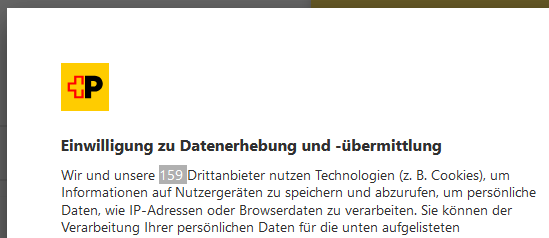 Bildschirmfoto einer Einwilligung zu Datenerhebung und -übermittlung. Die getrackten Daten werden bei Einwilligung 159 Dritten weitergegeben.