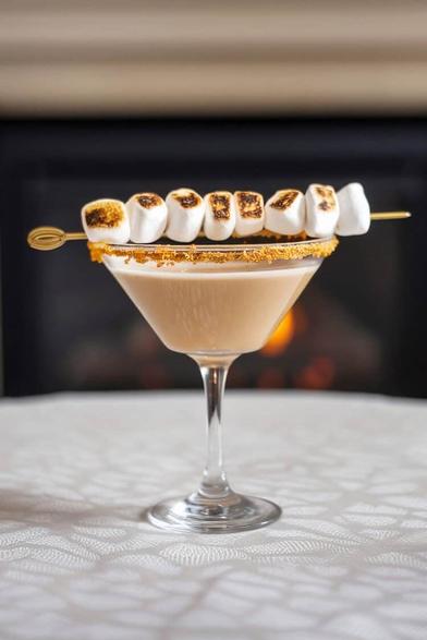 Toasted Marshmallow Martini garnished with a spear of toasted marshmallows and a crushed graham cracker rim