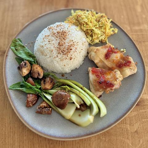 A close-up of my plate with the food as described in the post.