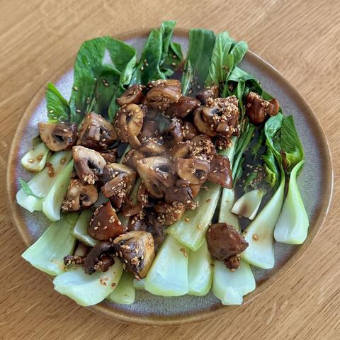 The pak choi/mushroom salad on its serving plate.