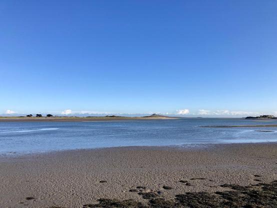 Layers of blue sky, sapphire coloured sea, and pumice like sand, are only broken up by clumps of seaweed, tiny fluffy white clouds on the horizon, and a few slivers of land and sand. Baldoyle Bay looking mighty fine today 💙