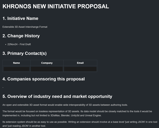 Screenshot of a 'Khronos New Initiative Proposal' document for an 'Extensible 3D Asset Interchange Format'.