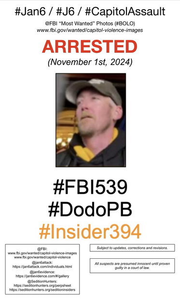 Photo of now-arrested January 6th riot suspect known to Sedition Hunters as “Dodo PB” (FBI Photo Number Five Hundred Thirty-Nine). Subject to updates, corrections, and revisions. All suspects are presumed innocent until proven guilty in a court of law.