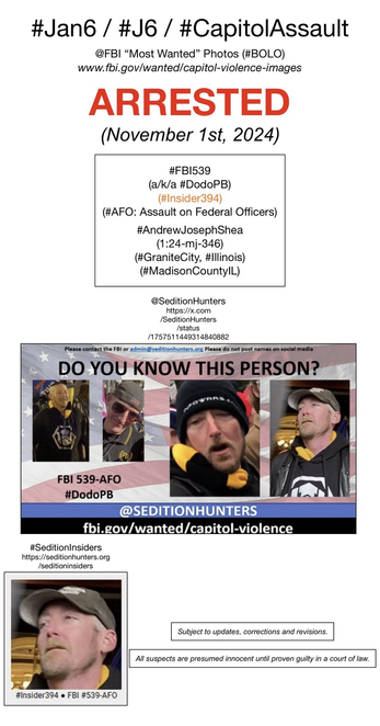 Photos of now-arrested January 6th riot suspect known to Sedition Hunters as “Dodo PB” (FBI Photo Number Five Hundred Thirty-Nine). Subject to updates, corrections, and revisions. All suspects are presumed innocent until proven guilty in a court of law.