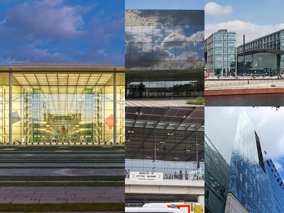 Die Bildcollage zeigt verschiedene moderne Gebäude:
Oben links: Paul Löbe Haus
Oben Mitte: Futurium
Oben rechts: Hauptbahnhof
Unten links: BER Flughafen
Unten rechts: Kranzler Eck
Die Gebäude bestehen hauptsächlich aus spiegelndem Glas und Stahl und vermitteln ein Gefühl von Offenheit & Transparenz.