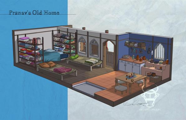 A studio apartment set up for a small family (2 parents 2 kids). The near side has a chulha style stove and small kitchen with a table big enough for three to sit on backless chairs in an Indian style. The floor is orange tile and the walls painted dark blue. The door enters into this kitchen area. To the left, the far side has dark wooden floors. Two cots frame the walls like the two sides of a U, with a bigger bed set perpendicular to them for the parents. A lot of stuff populates a pair of open shelving as well. Through the arched door and windows a shallow balcony can be seen on the far side, opposite the entrance to the apartment.

A header reads "Pranav's Old Home." A watermark is on it labeled with Delain Concept.