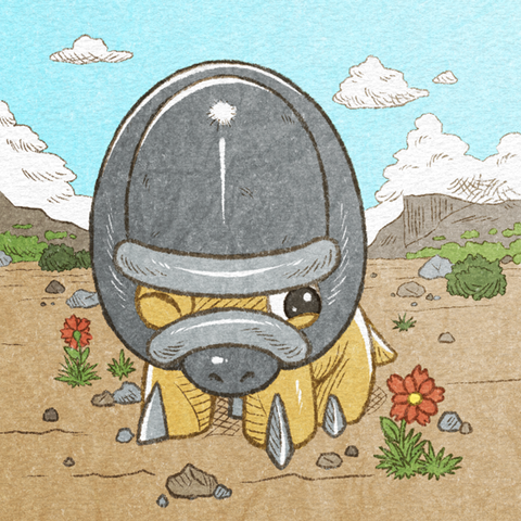 This is a digitally-handmade fanart featuring a Shieldon Pokémon standing in the foreground of an arid desert location, winking at a red flower next to it.