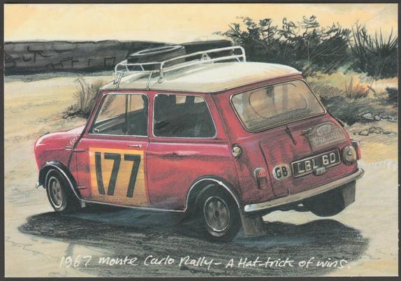 Printed colour postcard showing an illustration of Rauno Aaltonen and Henry Liddon's Mini Cooper S at the 1967 Monte Carlo Rally.
Published by Golden Era, No GP 011.
Postally unused.
Excellent condition.