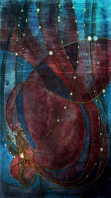 Illustrated phone wallpaper of a stylized version of Little Red, deep underwater, with gold traces of lines radiating outward ornamental containing air bubbles. Colors are primarily deep blue and deep red in various shades. Heavily textured.